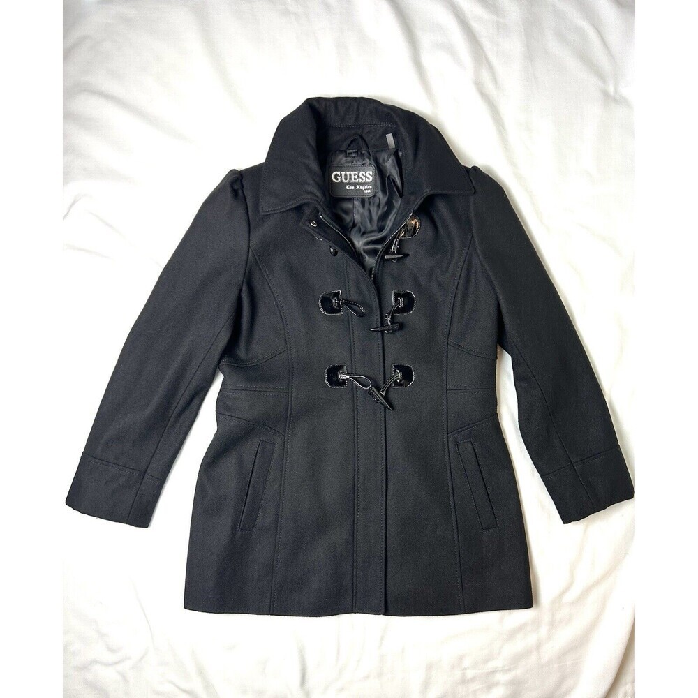 Guess Black Wool Pea Coat. Iconic‎ Retro Buttons. Size Large SKU BR15